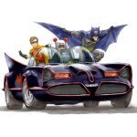  1960s_(style) 2boys bat_wings batman batman_(series) batmobile belt brown_hair cape car commentary_request costume dc_comics ground_vehicle igunuk lights logo mask motor_vehicle multiple_boys realistic retro_artstyle robin_(dc) superhero western_comics_(style) wings 