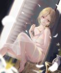  1girl absurdres armpit_crease barefoot blonde_hair breasts cleavage collarbone feet highres jewelry large_breasts long_hair looking_to_the_side nekobell original petite red_eyes see-through shy sitting straight_hair thighs toes underwear very_long_hair 