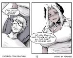  breasts cleavage clothed clothing comic demon demon_humanoid dialogue duo elderly_male english_text eyewear female glasses hi_res human humanoid husband_and_wife male mammal married_couple not_furry peach88 text 
