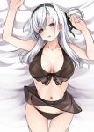  1girl bed black_eyes black_panties bra breasts kantai_collection lying panties suzutsuki_(kancolle) swimsuit takase_muh underwear white_hair 