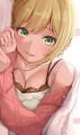  1girl :3 absurdres blonde_hair blush breasts camisole cleavage collarbone eyelashes green_eyes highres idolmaster idolmaster_cinderella_girls jewelry joniwi long_sleeves looking_at_viewer lying miyamoto_frederica necklace open_mouth solo sweater under_covers 