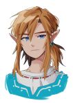  1boy blonde_hair blue_eyes blue_tunic earrings hair_between_eyes hanabelink highres jewelry link looking_at_viewer low_poly male_focus medium_hair pointy_ears portrait shirt sidelocks solo the_legend_of_zelda the_legend_of_zelda:_breath_of_the_wild twitter_username white_background white_shirt 