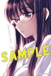  1girl artist_name bangs black-framed_eyewear buttons collared_shirt commentary_request dress_shirt from_side glasses highres himawari-san himawari-san_(character) long_hair looking_at_viewer not_for_sale parted_lips purple_eyes purple_hair sample_watermark shirt simple_background solo sugano_manami upper_body white_background white_shirt 