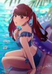  1girl alternate_costume alternate_hairstyle aznmeee bangs bikini blue_bikini blue_ribbon blush commentary_request flower hair_ribbon highres innertube long_hair looking_at_viewer parted_lips partially_submerged persona persona_5 persona_5_the_royal red_eyes red_hair ribbon sitting solo swimsuit twintails twitter_username water white_flower yoshizawa_kasumi 