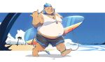  2022 anthro beach belly big_belly blue_hair bottomwear clothing gouryou hair hi_res humanoid_hands lifewonders male mammal outside overweight overweight_male palm_tree plant riisago seaside shirt shorts solo suid suina surfboard sus_(pig) swimwear tokyo_afterschool_summoners topwear tree video_games wild_boar 