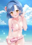  1girl absurdres b1ack_illust bare_shoulders beach bikini bikini_bottom_pull blue_hair blush breasts cleavage collarbone commentary cowboy_shot flower hair_flower hair_ornament highres idolmaster idolmaster_million_live! idolmaster_million_live!_theater_days large_breasts looking_at_viewer nanao_yuriko navel pink_bikini pulled_by_self short_hair solo swimsuit yellow_eyes 