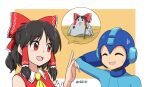  1boy 1girl arm_behind_head ascot black_hair bow closed_eyes commentary english_commentary hair_bow hair_tubes hakurei_reimu helmet index_finger_raised mega_man_(character) mega_man_(classic) mega_man_(series) open_mouth pun rakkidei red_bow red_eyes rock smile spoken_object sweatdrop touhou twitter_username yellow_ascot 