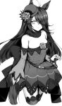  1girl alternate_costume animal_ears black_hair breasts commentary_request cosplay detached_sleeves flower hair_over_one_eye hat highres horse_ears horse_tail long_hair looking_at_viewer manhattan_cafe_(umamusume) monochrome nihudau rice_shower_(umamusume) rice_shower_(umamusume)_(cosplay) rose small_breasts solo tail thighhighs umamusume 
