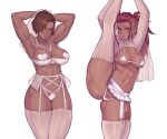  2girls abs anti-mage armpits arms_behind_head asura_(asurauser) blue_eyes bra breasts brown_hair cameltoe closed_mouth dark-skinned_female dark_skin dota_(series) dota_2 highres large_breasts legion_commander_(dota) lingerie lips long_hair long_sleeves looking_at_viewer multiple_girls muscular muscular_female navel panties ponytail purple_eyes shrug_(clothing) simple_background split standing standing_on_one_leg standing_split tattoo thighhighs underwear veil wei_(dota_2) white_background white_bra white_panties white_sleeves white_thighhighs 