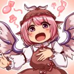  1girl animal_ears beamed_eighth_notes beamed_sixteenth_notes bird_ears bird_wings blush brown_dress brown_headwear dress earrings eighth_note frilled_sleeves frills hat jewelry long_sleeves musical_note mystia_lorelei open_mouth pink_eyes pink_hair short_hair single_earring smile solo tottsuman touhou upper_body white_wings winged_hat wings 