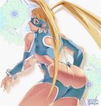  1girl ass blonde_hair blue_eyes blue_leotard breasts closed_mouth clothing_cutout leotard long_hair looking_at_viewer mask osanpogakari rainbow_mika shoulder_cutout smile solo street_fighter street_fighter_zero_(series) twintails wrestling_outfit 