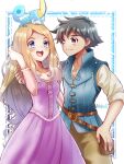  1boy 1girl ash_ketchum ashujou bag black_hair blonde_hair blue_eyes blush cosplay couple disney dress highres long_hair open_mouth pokemon pokemon_(anime) pokemon_(creature) purple_dress serena_(pokemon) shirt short_hair smile sobble tangled 