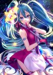  1girl bangs blue_eyes blue_hair blush breasts closed_mouth commentary commentary_request dress gloves hair_between_eyes hatsune_miku headset holding long_hair looking_at_viewer magical_mirai_(vocaloid) magical_mirai_miku magical_mirai_miku_(2022) medium_breasts mixed-language_commentary pleated_dress red_dress red_gloves shiomizu_(swat) sleeveless sleeveless_dress smile solo star_(symbol) twintails two-tone_dress very_long_hair vocaloid white_dress 
