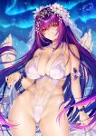  1girl aurora bead_bracelet beads bikini bracelet breasts brooch cleavage fate/grand_order fate_(series) flower hair_flower hair_ornament heart_brooch highres jewelry large_breasts mountain night night_sky obiwan purple_hair red_eyes scathach_skadi_(swimsuit_ruler)_(third_ascension)_(fate) skirt_hold sky smile solo star_(sky) swimsuit veil weisuoxin white_bikini white_flower white_one-piece_swimsuit 