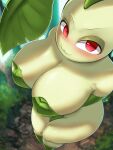  absurd_res anthro big_breasts blush breasts chikorita cleavage clothed clothing faejunkie female forest forest_background generation_2_pokemon hi_res leaf_clothing looking_at_viewer nature nature_background nintendo plant pokemon pokemon_(species) signature solo thick_thighs tree video_games 