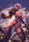  1girl alternate_breast_size armor blue_choker blurry blurry_background breasts choker cleft_of_venus clenched_hand closed_mouth depth_of_field gauntlets gloves green_eyes highres holding holding_weapon isabella_valentine large_breasts legs_apart looking_at_viewer navel nipples pauldrons personal_ami pussy revealing_clothes short_hair shoulder_armor single_gauntlet single_pauldron solo soulcalibur standing thigh_strap weapon whip_sword white_gloves white_hair 