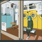  1girl animated animated_gif black_pantyhose blue_eyes blue_hair book green_hoodie holding holding_book hood hoodie indoors letterboxed motocross_saito nike original pantyhose pixel_art reading shoes short_hair sneakers solo washing_machine white_footwear 