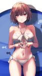  1girl :o absurdres bikini blush breasts brown_hair chet cowboy_shot halterneck heart heart_hands highres higuchi_madoka idolmaster idolmaster_shiny_colors looking_at_viewer medium_breasts navel red_eyes shadow side-tie_bikini_bottom solo swimsuit thighhighs white_bikini 