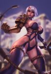  1girl armor blue_choker blurry blurry_background breasts choker clenched_hand closed_mouth depth_of_field gauntlets gloves green_eyes highres holding holding_weapon isabella_valentine large_breasts legs_apart looking_at_viewer navel pauldrons personal_ami revealing_clothes short_hair shoulder_armor single_gauntlet single_pauldron skindentation solo soulcalibur standing thigh_strap weapon whip_sword white_gloves white_hair 
