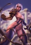  1girl alternate_breast_size armor blue_choker blurry blurry_background breasts choker cleft_of_venus clenched_hand closed_mouth depth_of_field gauntlets gloves green_eyes highres holding holding_weapon isabella_valentine legs_apart looking_at_viewer navel nipples pauldrons personal_ami pussy revealing_clothes short_hair shoulder_armor single_gauntlet single_pauldron small_breasts solo soulcalibur standing thigh_strap weapon whip_sword white_gloves white_hair 