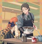  1boy 1girl :d ahoge apron black_apron black_hair black_skirt blue_bow blue_nails blue_shirt blue_skin bow bowl collared_shirt colored_skin comb_over commentary cooking creator_connection curly_hair cutting_board facing_away fate/grand_order fate_(series) glasses gloves gradient_hair hair_bow hair_bun highres holding holding_bowl holding_spatula jar kimiruun kitchen knife long_hair looking_at_another looking_to_the_side low_ponytail lower_teeth milk_carton mixing_bowl multicolored_hair orange_hair outside_border plastic_gloves purple_eyes shirt single_glove single_hair_bun skirt smile spatula spoon symbol-only_commentary table teeth upper_body van_gogh_(fate) van_gogh_(second_ascension)_(fate) whisk white_shirt wooden_table yamanami_keisuke_(fate) 