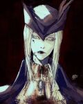  1girl ascot azure_meraki bicorne blood blood_splatter bloodborne closed_mouth coat dated hat hat_feather head_tilt highres jewelry lady_maria_of_the_astral_clocktower lipstick looking_at_viewer makeup necklace pale_skin portrait signature solo white_hair 