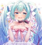  1girl anniversary aqua_eyes aqua_hair bare_shoulders black_choker blush breasts bug butterfly butterfly_background choker cleavage collarbone commentary dress hair_ribbon hatsune_miku highres kisukekun long_hair looking_at_viewer medium_breasts mixed-language_commentary open_mouth ribbon smile solo twintails vocaloid white_dress white_ribbon 