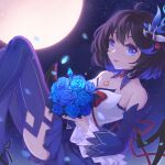  1girl :d ahoge bangs bare_shoulders blue_eyes blue_flower blue_hair blue_rose blue_sleeves blue_thighhighs bob_cut bouquet breasts cleavage detached_sleeves dress flower full_moon hair_ornament highres holding holding_bouquet honkai_(series) honkai_impact_3rd jie_mo_jiang looking_at_viewer moon night night_sky open_mouth outdoors petals rose seele_vollerei seele_vollerei_(swallowtail_phantasm) short_hair sky smile solo thighhighs white_dress 