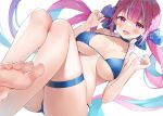  1girl :d ayamy bangs bare_legs barefoot bikini blue_bikini blue_choker blue_hair blue_nails blue_ribbon blush breasts choker colored_inner_hair hair_ribbon halterneck hands_up hololive large_breasts long_hair looking_at_viewer minato_aqua multicolored_hair nail_polish pink_hair purple_eyes ribbon simple_background smile soles solo string_bikini swimsuit thigh_strap toes twintails very_long_hair virtual_youtuber white_background 