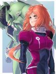  1girl breasts chanmura clenched_hand floating_hair frown glowing glowing_eye gundam gundam_unicorn kshatriya long_hair looking_to_the_side marida_cruz mecha medium_breasts one-eyed orange_hair pilot_suit purple_eyes red_eyes robot science_fiction v-shaped_eyebrows 