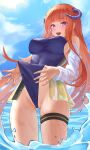  1girl absurdres arknights ass_visible_through_thighs bagpipe_(arknights) bangs bare_shoulders blush breasts cameltoe clothes_pull detached_sleeves dragon_horns highres horns jixo_(user_nzhc8728) large_breasts long_hair long_sleeves looking_at_viewer ocean one-piece_swimsuit open_mouth orange_hair purple_eyes pussy pussy_peek sideboob solo swimsuit swimsuit_pull thigh_strap thighs very_long_hair wading wet 