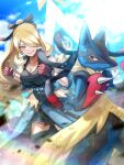  1girl belt black_shirt blonde_hair blue_belt blue_coat blue_sky blurry breasts clenched_hands closed_mouth coat commentary_request cynthia_(pokemon) day debris dirt fighting_stance floating_hair fur-trimmed_coat fur_trim gloves grey_eyes hair_over_one_eye hands_up highres large_breasts lens_flare long_hair looking_at_viewer lucario mega_lucario mega_pokemon official_alternate_costume outdoors pokemon pokemon_(creature) pokemon_(game) pokemon_masters_ex pokephilia ponytail red_eyes red_gloves shirt sky smile spikes sunlight supino thighhighs 