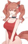  1girl :d angelina_(arknights) angelina_(summer_flowers)_(arknights) animal_ears arknights bangs bare_shoulders blush breasts brown_hair casual_one-piece_swimsuit cleavage collar fox_ears fox_girl fox_tail highres infection_monitor_(arknights) large_breasts long_hair looking_at_viewer nagute official_alternate_costume one-piece_swimsuit open_mouth red_eyes red_one-piece_swimsuit sitting smile solo swimsuit tail twintails 