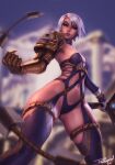  1girl armor blue_choker blurry blurry_background breasts choker clenched_hand closed_mouth depth_of_field gauntlets gloves green_eyes highres holding holding_weapon isabella_valentine legs_apart looking_at_viewer navel pauldrons personal_ami revealing_clothes short_hair shoulder_armor single_gauntlet single_pauldron small_breasts solo soulcalibur standing thigh_strap weapon whip_sword white_gloves white_hair 
