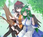  2girls armband bird_wings black_hair black_ribbon black_skirt black_wings blue_dress breasts collared_shirt dress frilled_skirt frills frog frog_hair_ornament green_hair hair_ornament hair_tubes hat kochiya_sanae large_breasts leaf-pattern_stripe long_hair multiple_girls pom_pom_(clothes) red_eyes ribbon shameimaru_aya shirt single_sidelock skirt snake snake_hair_ornament tanikake_yoku tokin_hat touhou white_shirt wings 