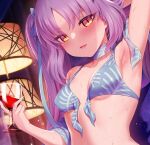  1girl alcohol arm_up armpits bangs bare_shoulders bikini blue_bikini blush breasts collarbone cup drinking_glass euryale_(fate) fate/grand_order fate/hollow_ataraxia fate_(series) highres long_hair looking_at_viewer m-da_s-tarou open_mouth orange_eyes parted_bangs purple_hair sidelocks small_breasts smile solo swimsuit twintails very_long_hair wine wine_glass 