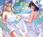  2girls :d alternate_costume atago_(kancolle) bare_shoulders black_hair blonde_hair blue_eyes breasts cleavage clothes_lift dress dress_lift from_side highres kantai_collection large_breasts lifted_by_self long_hair multiple_girls palm_tree panda_(heart_sink) red_eyes short_hair sleeveless sleeveless_dress smile takao_(kancolle) tree white_dress white_headwear 