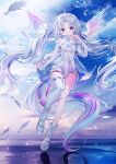  1girl atsuyuno_yuni blue_ribbon feathered_wings feathers full_body horns long_hair long_sleeves looking_at_viewer low_twintails nabi_(uz02) puffy_long_sleeves puffy_sleeves purple_eyes ribbon see-through single_thighhigh thighhighs twintails unicorn_girl very_long_hair virtual_youtuber white_hair wings yumepercent 