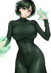  1girl breasts commentary covered_nipples cowboy_shot dress fubuki_(one-punch_man) glowing glowing_hands green_dress green_eyes green_hair highres impossible_clothes karakari large_breasts lips long_sleeves looking_at_viewer one-punch_man open_mouth short_hair simple_background smile solo taut_clothes taut_dress white_background 