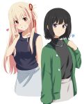  2girls alternate_hair_length alternate_hairstyle bangs black_hair black_jacket black_shirt blonde_hair blush bob_cut casual closed_mouth collarbone green_jacket grey_skirt hair_length_switch hair_ribbon heart highres inoue_takina jacket jewelry lieass long_hair looking_at_viewer lycoris_recoil multiple_girls nishikigi_chisato open_clothes open_jacket pendant purple_eyes red_eyes red_ribbon ribbon shirt short_hair simple_background skirt sleeveless sleeveless_shirt teeth turtleneck v white_background white_shirt 