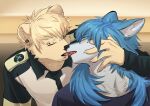  absurd_res anthro anthrofied aoba_seragaki asure_f blush bodily_fluids canid canine canis domestic_cat dramatical_murder ear_piercing ear_ring eyebrow_piercing eyes_closed facial_piercing felid feline felis hair hi_res human kissing lip_piercing long_hair male male/male mammal noiz_(dmmd) piercing ring_piercing sweat wolf 