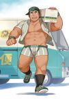  1boy :d abs backwards_hat bandaid bandaid_on_face bandaid_on_leg bandaid_on_nose bara black_hair boxers bulge car carrying_over_shoulder collared_shirt edge_(brand) full_body grey_male_underwear ground_vehicle hat kuro_nezumi_inu large_pectorals looking_at_viewer male_focus male_underwear mature_male motor_vehicle muscular muscular_male navel no_nipples no_pants open_clothes open_shirt original package pectorals print_male_underwear second-party_source shirt shoes short_hair sideburns smile sneakers socks solo stomach thick_eyebrows thick_thighs thighs underwear walking 