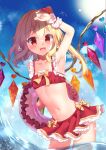  1girl :d arm_up bangs bikini blonde_hair blue_sky bow buoy chisiro_unya_(unya_draw) cloud cowboy_shot crystal fang flandre_scarlet heart navel one_side_up open_mouth outdoors partially_submerged red_bikini red_eyes sky smile solo standing swimsuit touhou wings wrist_cuffs yellow_bow 