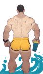  1boy absurdres arm_hair ass back_focus back_hair bara cup dolphin_shorts feet_out_of_frame from_behind hairy highres holding holding_cup leg_hair male_focus male_underwear male_underwear_peek muscular muscular_male original selkiro short_hair shorts solo standing tan tanlines thick_thighs thighs topless_male underwear watch white_male_underwear yellow_shorts 