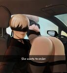  1boy 1girl artist_name ass back_cutout black_blindfold blindfold car_interior car_seat closed_mouth clothing_cutout covered_eyes drive-thru english_text he_wants_to_order_(meme) hi_im_christie highres leaning_over meme nier_(series) nier_automata rear-view_mirror selfie short_hair steering_wheel thighhighs white_hair yorha_no._2_type_b yorha_no._9_type_s 