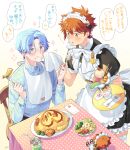  2boys :o apron blue_hair closed_mouth food hasegawa_langa highres ice_cream kyan_reki maid maid_headdress male_focus multiple_boys omurice open_mouth orange_eyes red_hair salad short_hair sk8_the_infinity spoon sundae tempura thighhighs uppi 