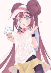  +_+ 1girl black_pantyhose bow breasts brown_hair casteliacone commentary_request double_bun doughnut_hair_bun eating food food_on_face green_eyes hair_bun hands_up highres legwear_under_shorts long_hair mcmcusg pantyhose pink_bow pokemon pokemon_(game) pokemon_bw2 raglan_sleeves rosa_(pokemon) shirt short_shorts shorts solo sparkle twintails very_long_hair visor_cap white_background yellow_shorts 