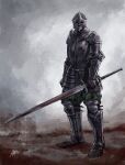  1other ambiguous_gender armor azure_meraki blood blood_on_clothes blood_on_weapon breastplate chainmail facing_viewer faulds full_armor gauntlets greaves green_pants helmet highres holding holding_sword holding_weapon metal_boots original pants pauldrons shoulder_armor signature solo sword weapon zweihander 