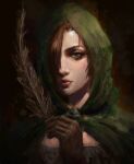  1girl azure_meraki brown_eyes brown_gloves brown_hair cape closed_mouth dark_souls_(series) dark_souls_ii emerald_herald feathers gloves green_cape highres holding holding_feather hood hood_up hooded_cape looking_at_viewer one_eye_covered portrait solo 