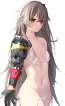  1girl absurdres bikini blush breasts bright_pupils brown_eyes brown_hair closed_mouth collarbone cowboy_shot girls&#039;_frontline highres kotoha_(kotoha65) long_hair looking_at_viewer navel one_side_up prosthesis prosthetic_arm scar scar_across_eye scar_on_face side-tie_bikini_bottom simple_background small_breasts smile solo stomach swimsuit ump45_(girls&#039;_frontline) untied untied_bikini very_long_hair white_background 
